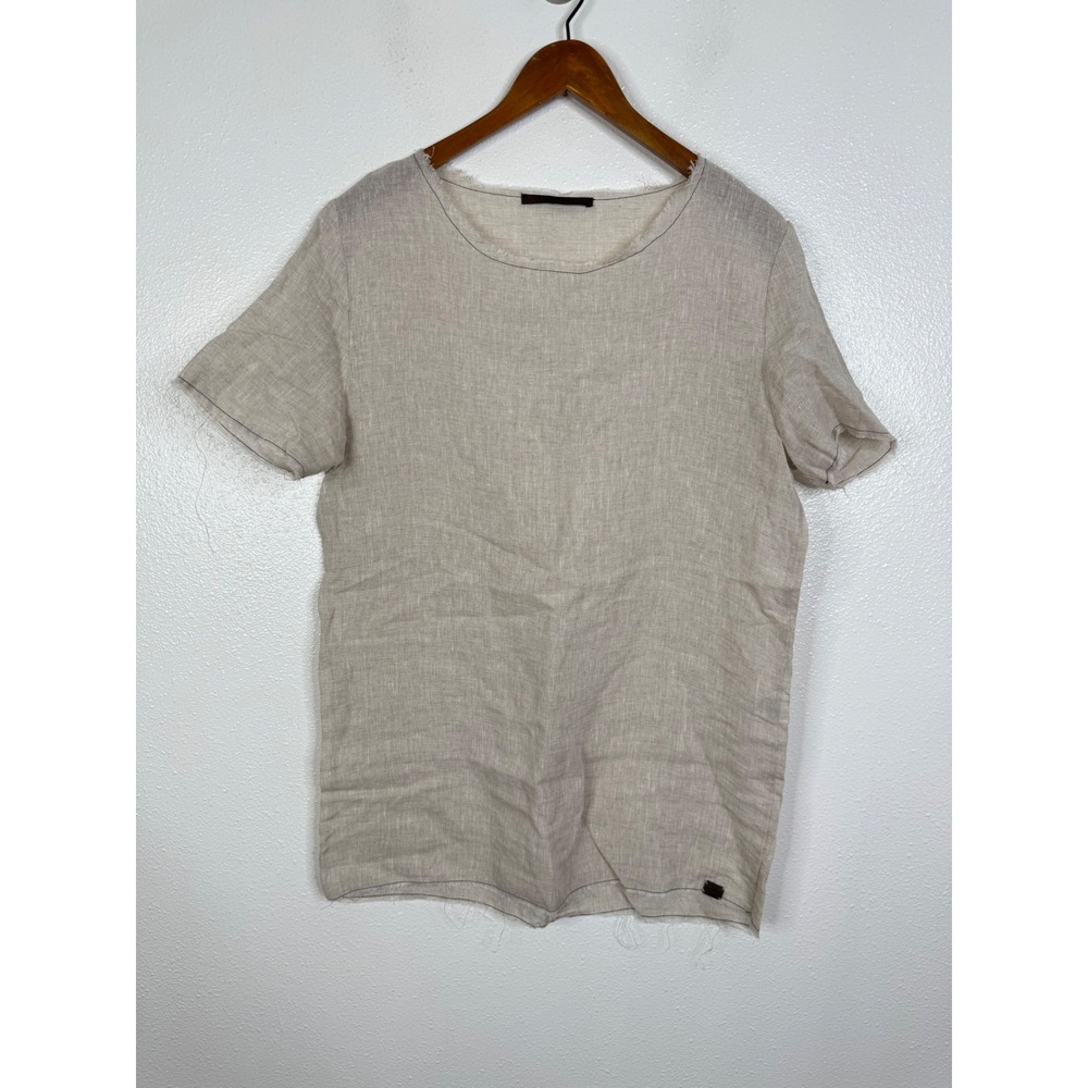 Takeshy Kurosawa Mens Beige Linen Blend Raw Edge Short Sleeve Shirt Size M Italy